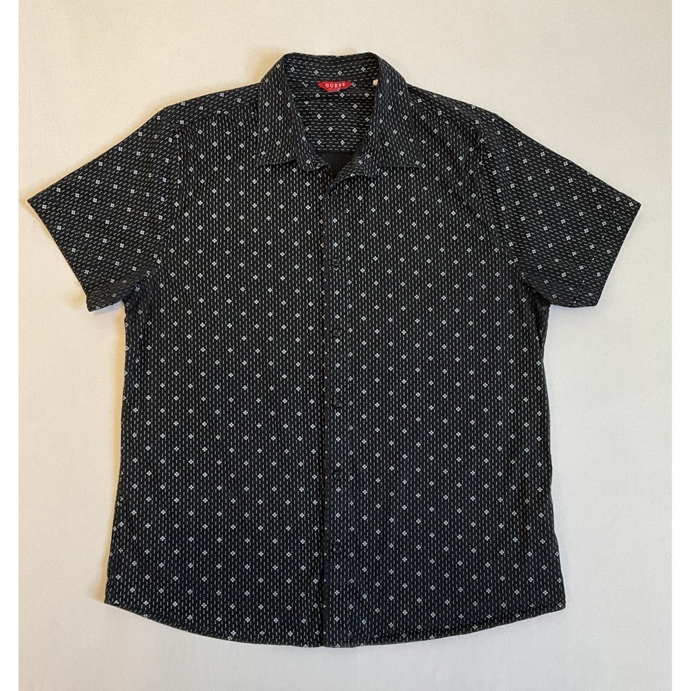 Guess Los Angeles Mens L Black White Geometric Short Sleeve Button Up Shirt